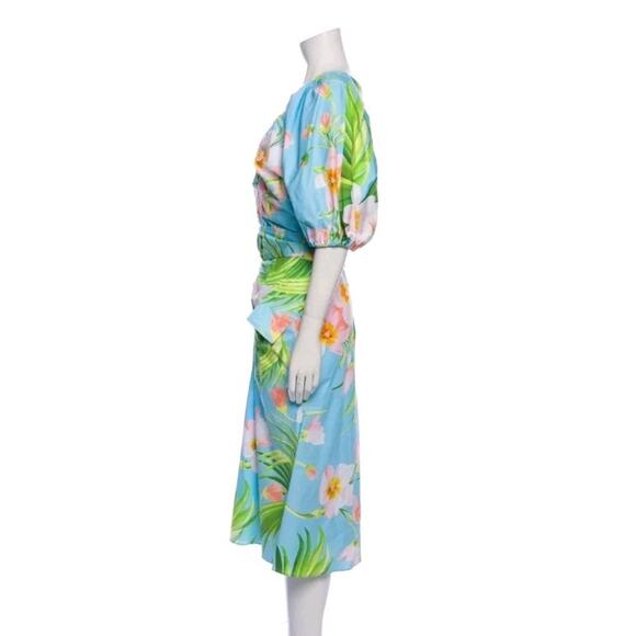 Carolina Herrera Blue Floral-Print Ruched Poplin Sleeve MIDI Dress Size 8 (V3 - Picture 8 of 9
